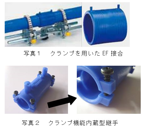 写真1 クランプを用いたEF接合　写真2 クランプ機能内蔵型継手